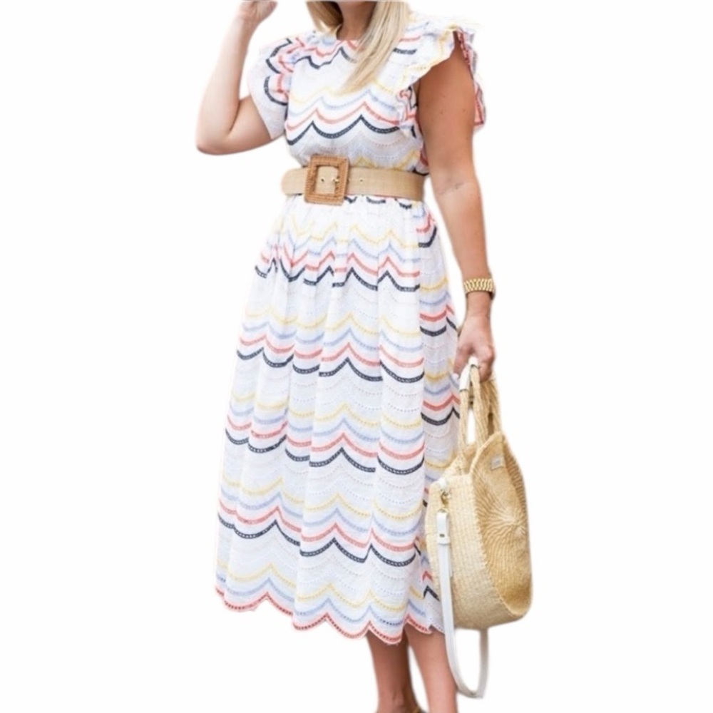JUST ME Anthropologie White Eyelet Dress Colorful Embroidered Ruffles EC Medium